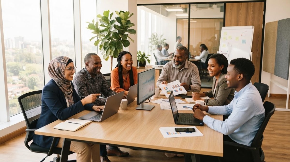 A diverse Kenyan team collaborating around a table in a bright modern office.