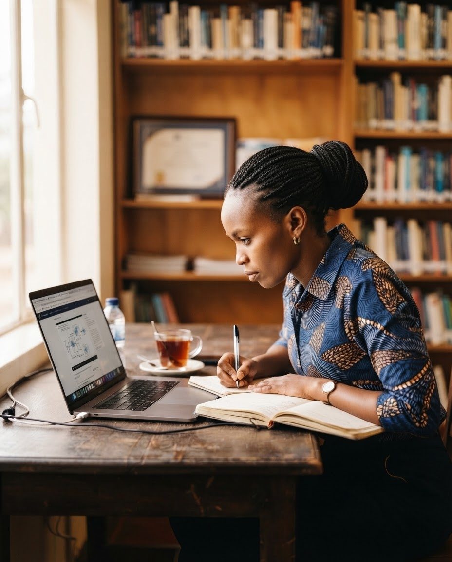 A Kenyan professional studying a certification course on a laptop.