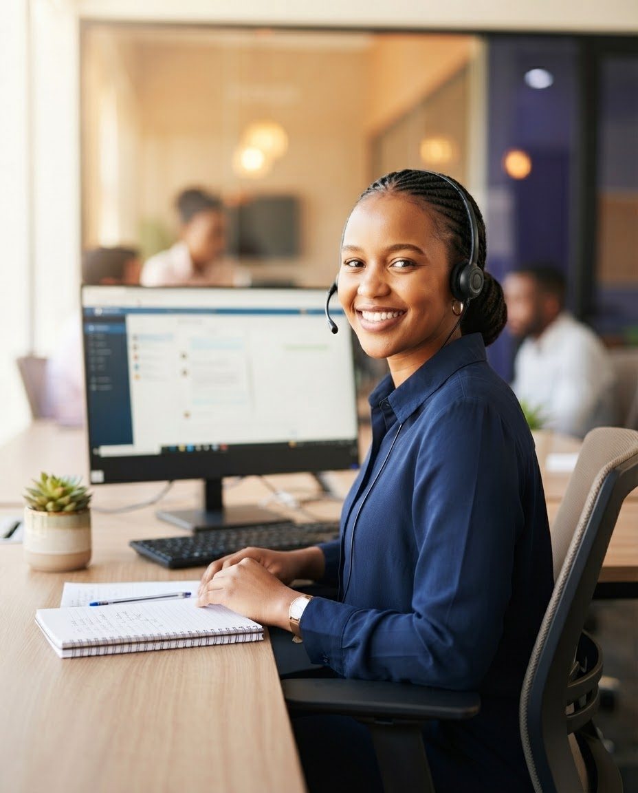 A friendly Kenyan support officer with a headset at her desk.