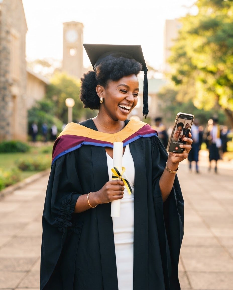 A young Kenyan graduate in a gown holding a diploma and a phone.