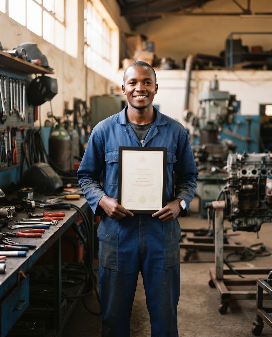 A young Kenyan technical-college graduate in a workshop holding a certificate.