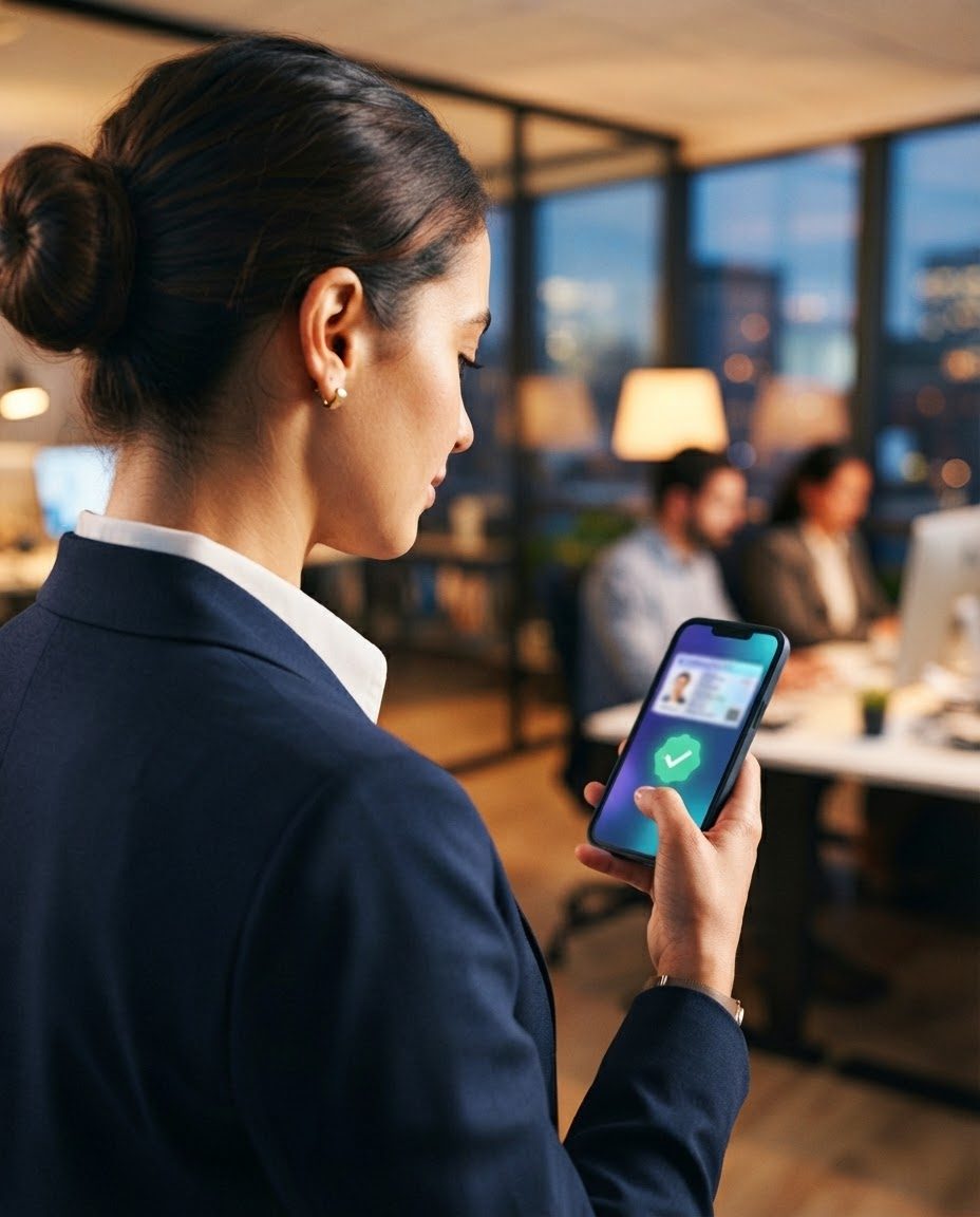 A Kenyan professional holding a phone showing a digital Career Identity Card with a verification badge.