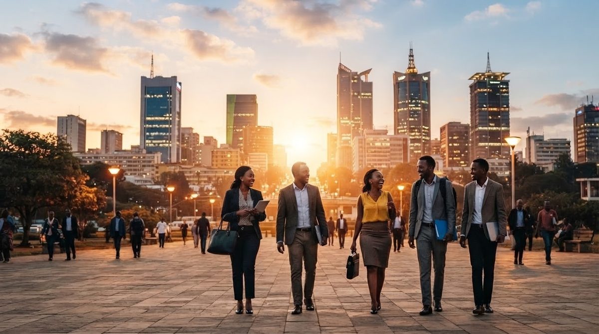 Young Kenyan professionals walking in front of the Nairobi skyline at golden hour.
