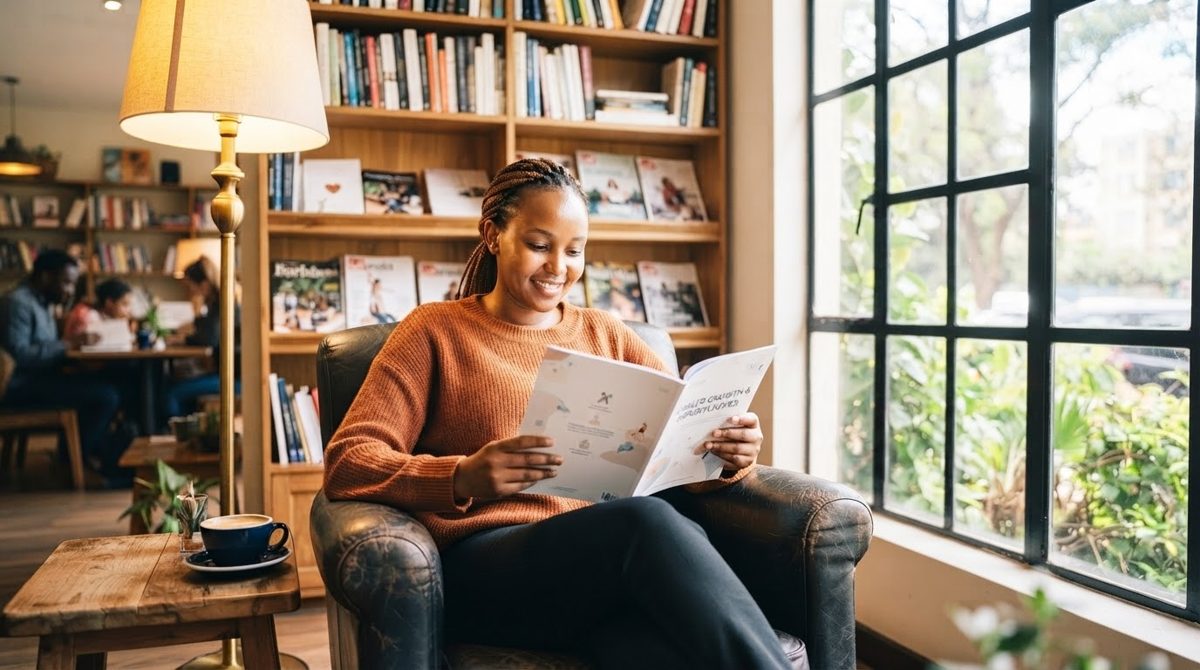 A Kenyan woman reading a printed career guide in a co-working library.