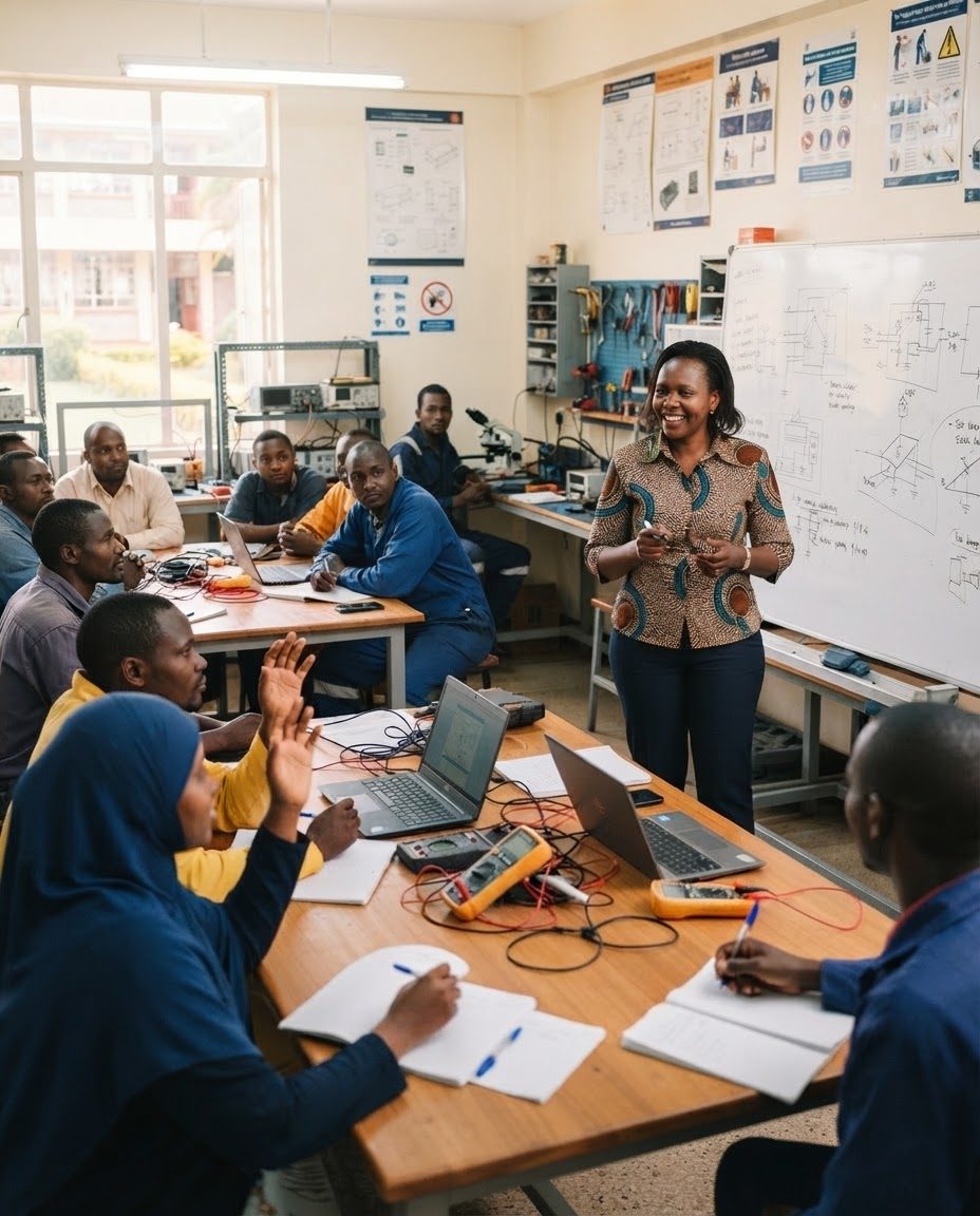 A Kenyan trainer facilitating a workshop for adult learners.